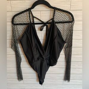 Envme Black Embellished Mesh-Sleeve Bodysuit